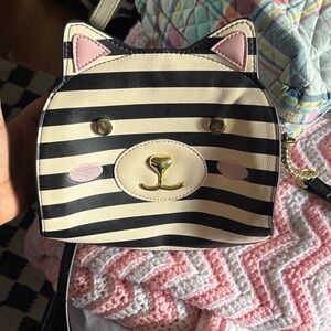 Betsey Johnson Black and White Striped Cat Crossbody Bag